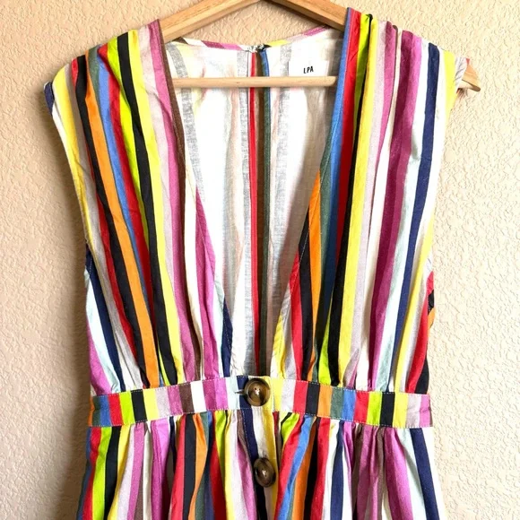 LPA NWOT Shirred Button Up Linen Dress Rainbow Strip Midi Boho Sleeveless Sz S - Picture 5 of 14